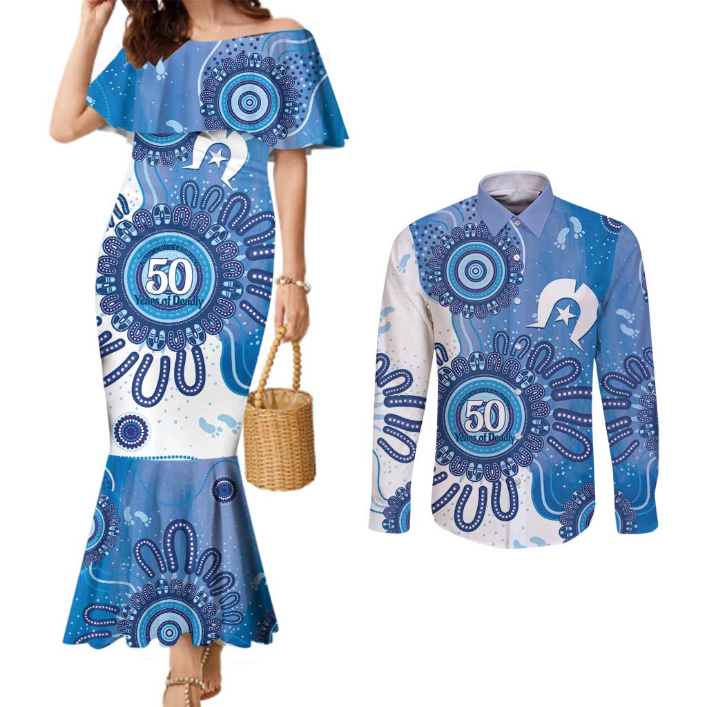 NAIDOC Week 2026 Couples Matching Mermaid Dress and Long Sleeve Button Shirt 50 Years Deadly Dhari Blue Aboriginal Art