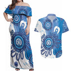 NAIDOC Week 2026 Couples Matching Off Shoulder Maxi Dress and Hawaiian Shirt 50 Years Deadly Dhari Blue Aboriginal Art