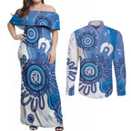 NAIDOC Week 2026 Couples Matching Off Shoulder Maxi Dress and Long Sleeve Button Shirt 50 Years Deadly Dhari Blue Aboriginal Art