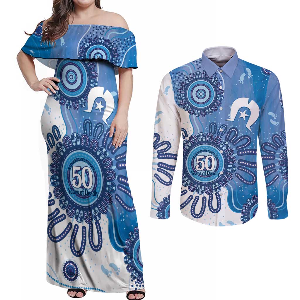 NAIDOC Week 2026 Couples Matching Off Shoulder Maxi Dress and Long Sleeve Button Shirt 50 Years Deadly Dhari Blue Aboriginal Art