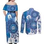 NAIDOC Week 2026 Couples Matching Off Shoulder Maxi Dress and Long Sleeve Button Shirt 50 Years Deadly Dhari Blue Aboriginal Art