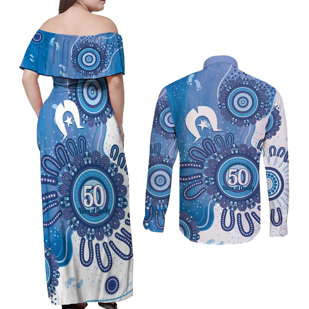 NAIDOC Week 2026 Couples Matching Off Shoulder Maxi Dress and Long Sleeve Button Shirt 50 Years Deadly Dhari Blue Aboriginal Art