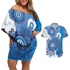 NAIDOC Week 2026 Couples Matching Off Shoulder Short Dress and Hawaiian Shirt 50 Years Deadly Dhari Blue Aboriginal Art