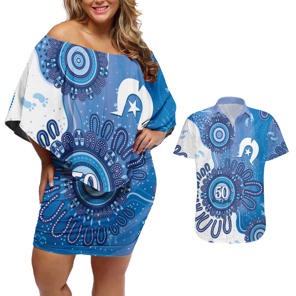 NAIDOC Week 2026 Couples Matching Off Shoulder Short Dress and Hawaiian Shirt 50 Years Deadly Dhari Blue Aboriginal Art