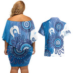 NAIDOC Week 2026 Couples Matching Off Shoulder Short Dress and Hawaiian Shirt 50 Years Deadly Dhari Blue Aboriginal Art