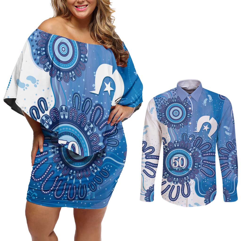 NAIDOC Week 2026 Couples Matching Off Shoulder Short Dress and Long Sleeve Button Shirt 50 Years Deadly Dhari Blue Aboriginal Art