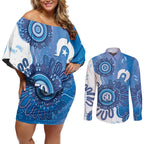 NAIDOC Week 2026 Couples Matching Off Shoulder Short Dress and Long Sleeve Button Shirt 50 Years Deadly Dhari Blue Aboriginal Art
