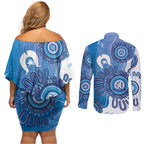 NAIDOC Week 2026 Couples Matching Off Shoulder Short Dress and Long Sleeve Button Shirt 50 Years Deadly Dhari Blue Aboriginal Art
