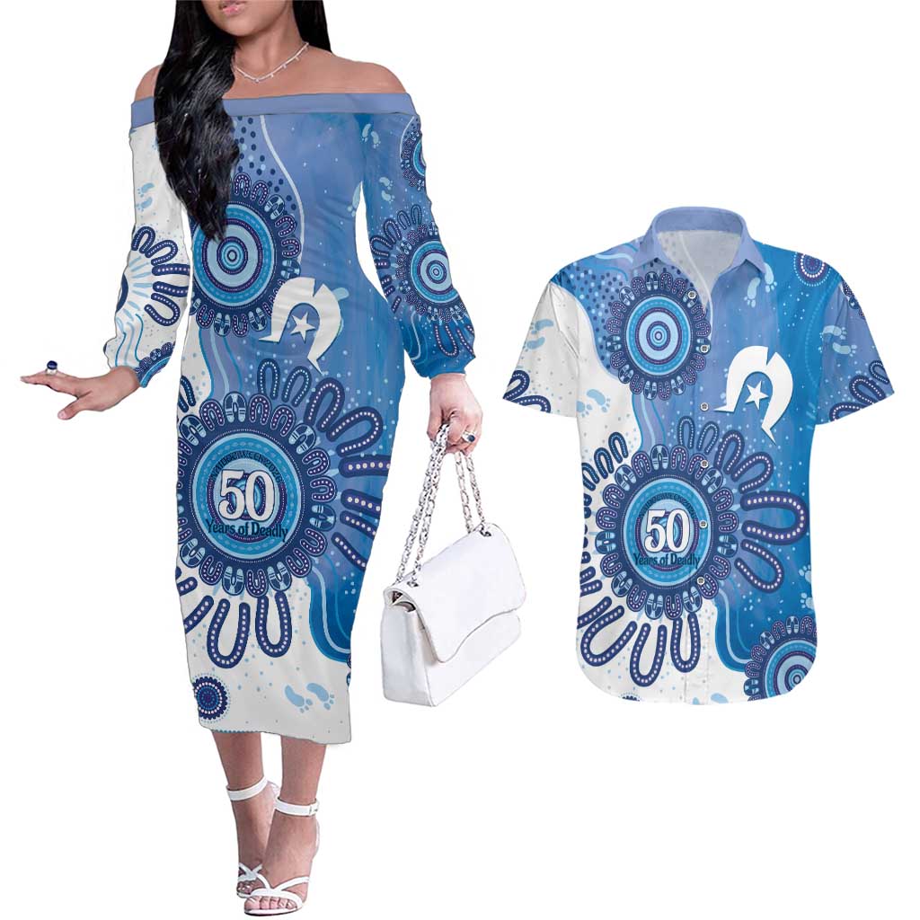 NAIDOC Week 2026 Couples Matching Off The Shoulder Long Sleeve Dress and Hawaiian Shirt 50 Years Deadly Dhari Blue Aboriginal Art