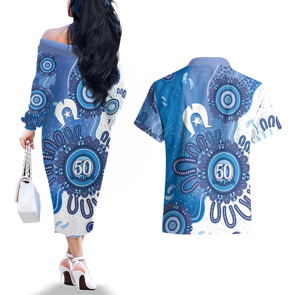 NAIDOC Week 2026 Couples Matching Off The Shoulder Long Sleeve Dress and Hawaiian Shirt 50 Years Deadly Dhari Blue Aboriginal Art