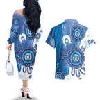 NAIDOC Week 2026 Couples Matching Off The Shoulder Long Sleeve Dress and Hawaiian Shirt 50 Years Deadly Dhari Blue Aboriginal Art