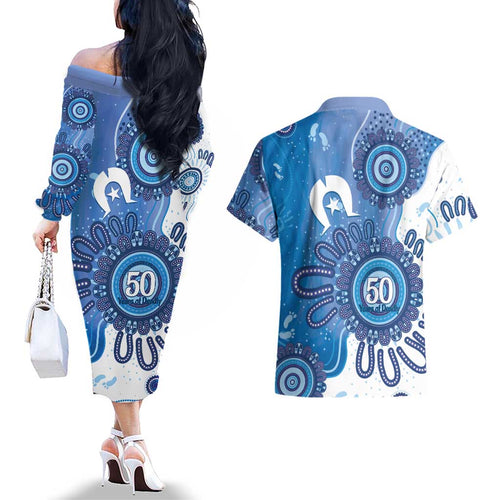 NAIDOC Week 2026 Couples Matching Off The Shoulder Long Sleeve Dress and Hawaiian Shirt 50 Years Deadly Dhari Blue Aboriginal Art