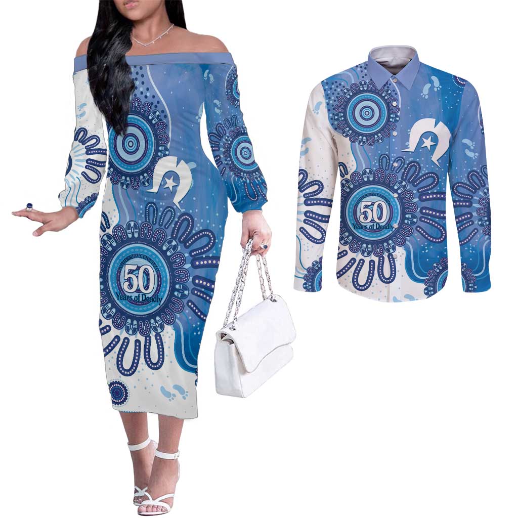 NAIDOC Week 2026 Couples Matching Off The Shoulder Long Sleeve Dress and Long Sleeve Button Shirt 50 Years Deadly Dhari Blue Aboriginal Art