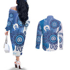 NAIDOC Week 2026 Couples Matching Off The Shoulder Long Sleeve Dress and Long Sleeve Button Shirt 50 Years Deadly Dhari Blue Aboriginal Art