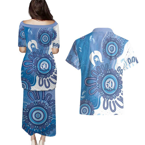 NAIDOC Week 2026 Couples Matching Puletasi and Hawaiian Shirt 50 Years Deadly Dhari Blue Aboriginal Art