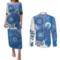NAIDOC Week 2026 Couples Matching Puletasi and Long Sleeve Button Shirt 50 Years Deadly Dhari Blue Aboriginal Art