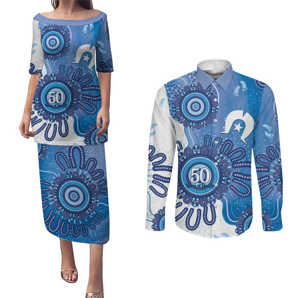 NAIDOC Week 2026 Couples Matching Puletasi and Long Sleeve Button Shirt 50 Years Deadly Dhari Blue Aboriginal Art