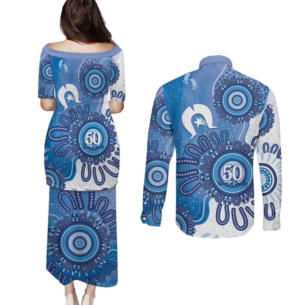 NAIDOC Week 2026 Couples Matching Puletasi and Long Sleeve Button Shirt 50 Years Deadly Dhari Blue Aboriginal Art