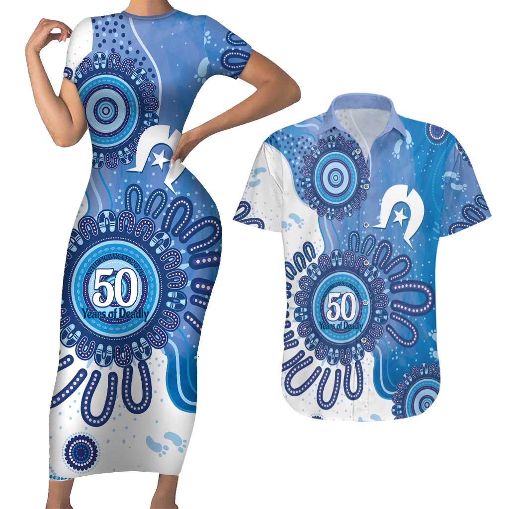 NAIDOC Week 2026 Couples Matching Short Sleeve Bodycon Dress and Hawaiian Shirt 50 Years Deadly Dhari Blue Aboriginal Art