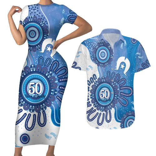 NAIDOC Week 2026 Couples Matching Short Sleeve Bodycon Dress and Hawaiian Shirt 50 Years Deadly Dhari Blue Aboriginal Art