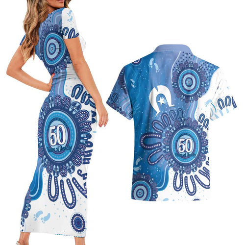 NAIDOC Week 2026 Couples Matching Short Sleeve Bodycon Dress and Hawaiian Shirt 50 Years Deadly Dhari Blue Aboriginal Art
