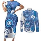 NAIDOC Week 2026 Couples Matching Short Sleeve Bodycon Dress and Long Sleeve Button Shirt 50 Years Deadly Dhari Blue Aboriginal Art