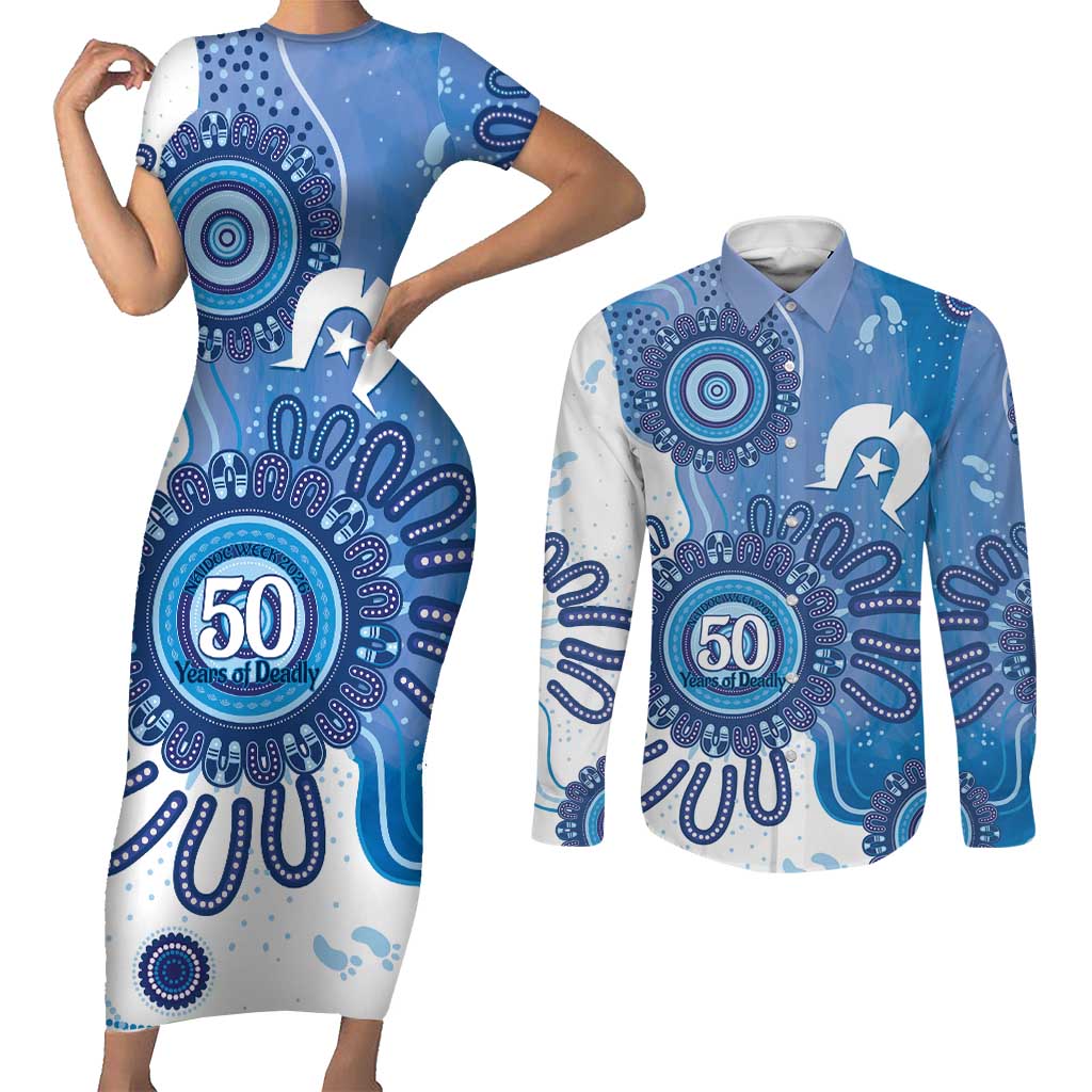 NAIDOC Week 2026 Couples Matching Short Sleeve Bodycon Dress and Long Sleeve Button Shirt 50 Years Deadly Dhari Blue Aboriginal Art