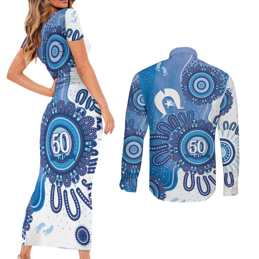 NAIDOC Week 2026 Couples Matching Short Sleeve Bodycon Dress and Long Sleeve Button Shirt 50 Years Deadly Dhari Blue Aboriginal Art