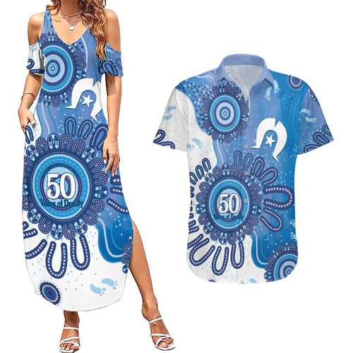 NAIDOC Week 2026 Couples Matching Summer Maxi Dress and Hawaiian Shirt 50 Years Deadly Dhari Blue Aboriginal Art