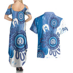 NAIDOC Week 2026 Couples Matching Summer Maxi Dress and Hawaiian Shirt 50 Years Deadly Dhari Blue Aboriginal Art