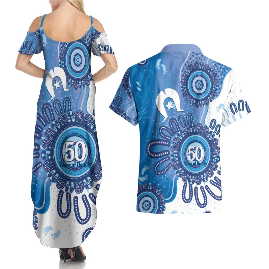 NAIDOC Week 2026 Couples Matching Summer Maxi Dress and Hawaiian Shirt 50 Years Deadly Dhari Blue Aboriginal Art