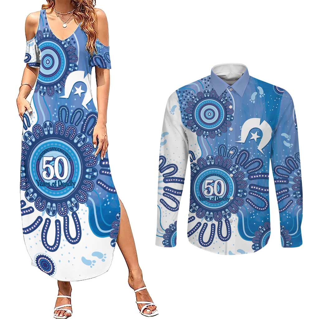 NAIDOC Week 2026 Couples Matching Summer Maxi Dress and Long Sleeve Button Shirt 50 Years Deadly Dhari Blue Aboriginal Art