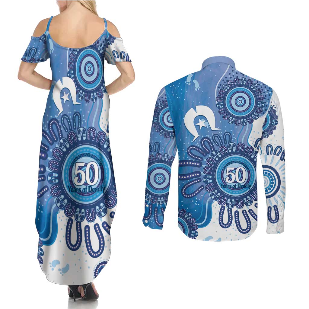NAIDOC Week 2026 Couples Matching Summer Maxi Dress and Long Sleeve Button Shirt 50 Years Deadly Dhari Blue Aboriginal Art