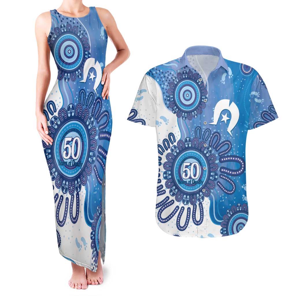 NAIDOC Week 2026 Couples Matching Tank Maxi Dress and Hawaiian Shirt 50 Years Deadly Dhari Blue Aboriginal Art