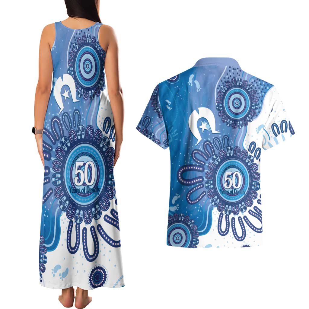 NAIDOC Week 2026 Couples Matching Tank Maxi Dress and Hawaiian Shirt 50 Years Deadly Dhari Blue Aboriginal Art