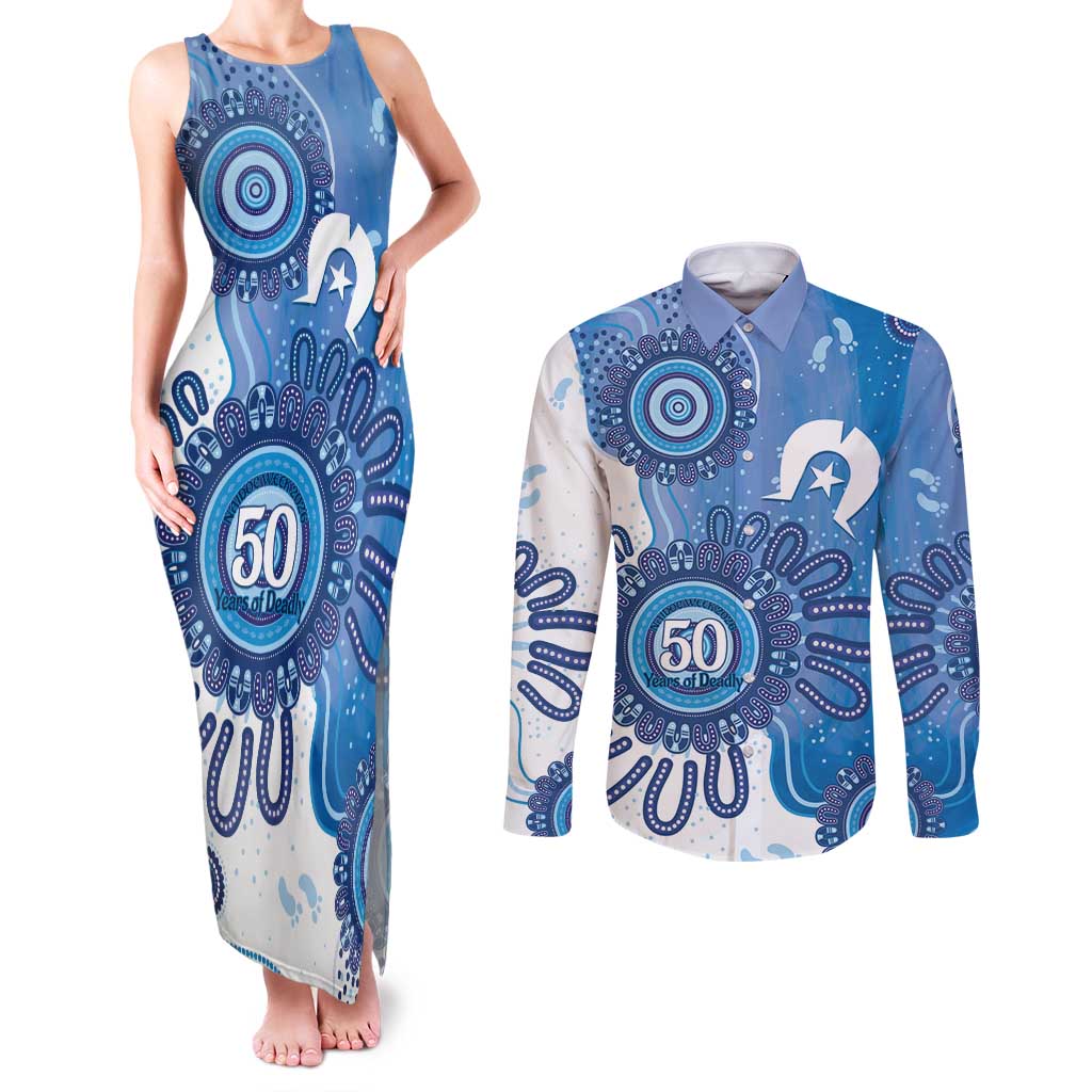 NAIDOC Week 2026 Couples Matching Tank Maxi Dress and Long Sleeve Button Shirt 50 Years Deadly Dhari Blue Aboriginal Art