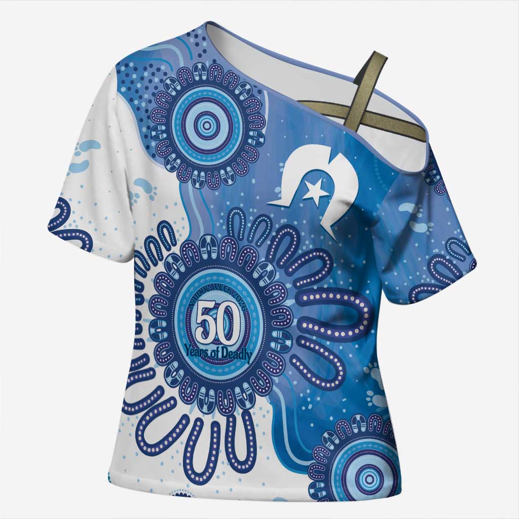 NAIDOC Week 2026 Cross Shoulder Shirt 50 Years Deadly Dhari Blue Aboriginal Art