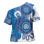 NAIDOC Week 2026 Cross Shoulder Shirt 50 Years Deadly Dhari Blue Aboriginal Art