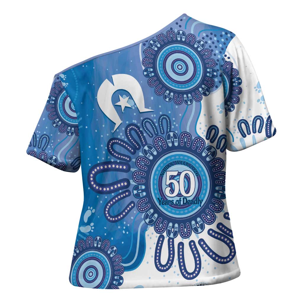NAIDOC Week 2026 Cross Shoulder Shirt 50 Years Deadly Dhari Blue Aboriginal Art