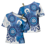 NAIDOC Week 2026 Cross Shoulder Shirt 50 Years Deadly Dhari Blue Aboriginal Art