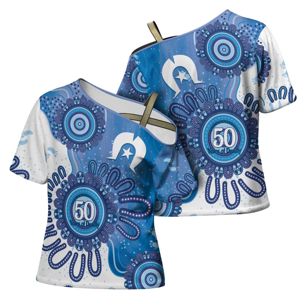NAIDOC Week 2026 Cross Shoulder Shirt 50 Years Deadly Dhari Blue Aboriginal Art