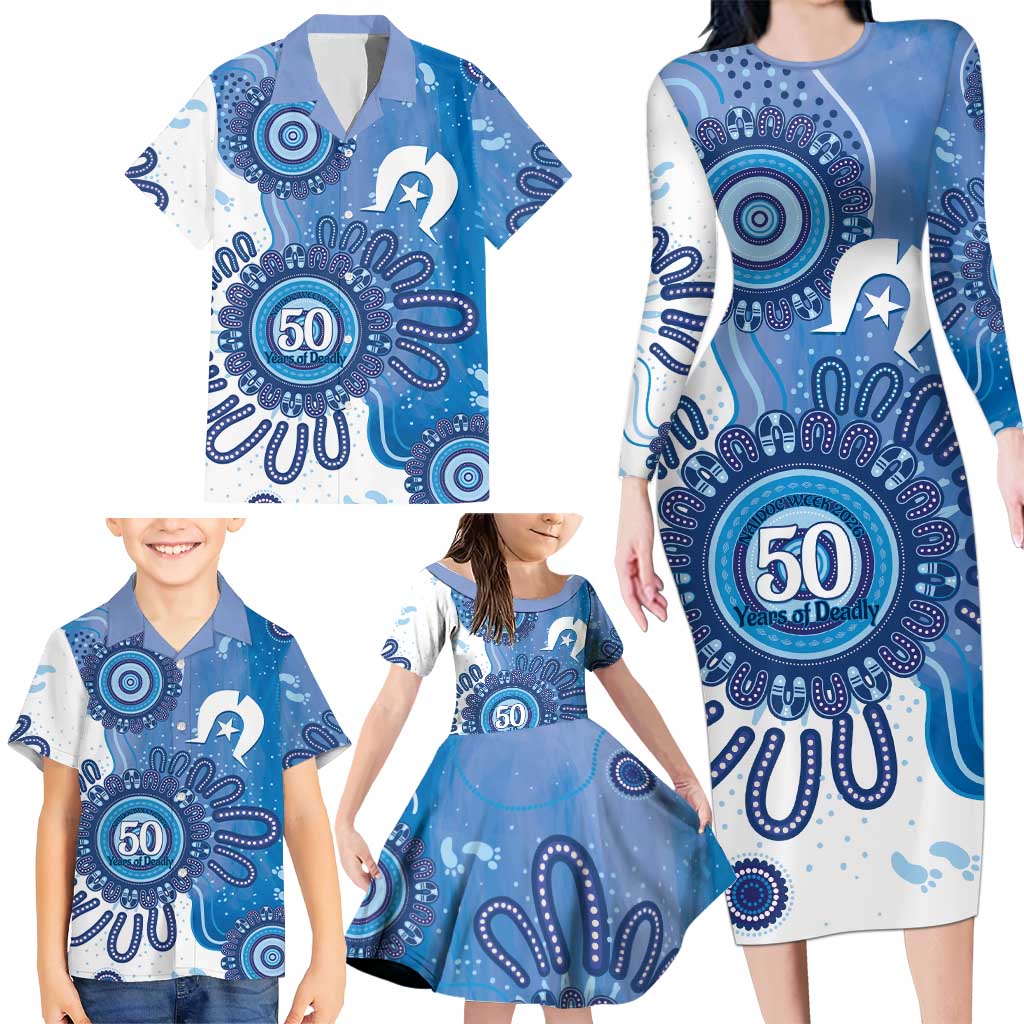 NAIDOC Week 2026 Family Matching Long Sleeve Bodycon Dress and Hawaiian Shirt 50 Years Deadly Dhari Blue Aboriginal Art