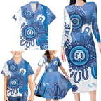 NAIDOC Week 2026 Family Matching Long Sleeve Bodycon Dress and Hawaiian Shirt 50 Years Deadly Dhari Blue Aboriginal Art