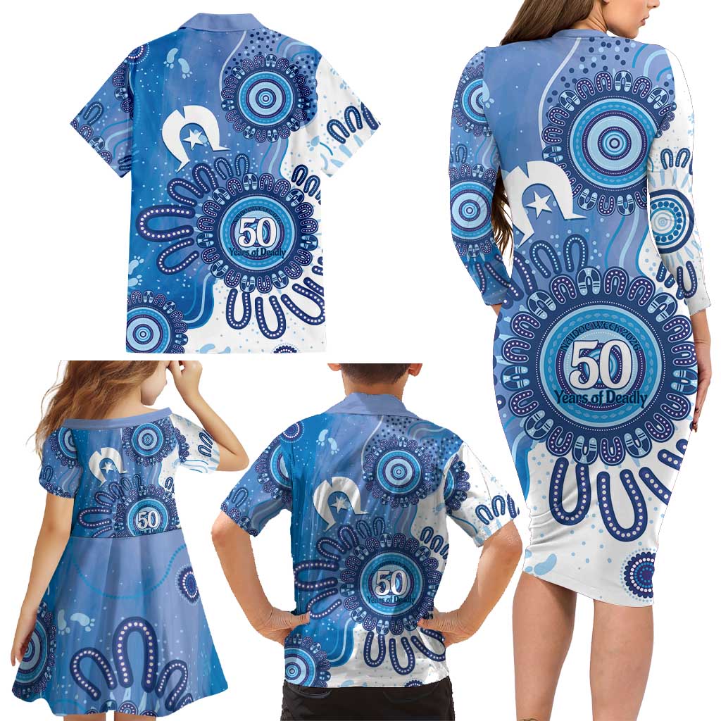 NAIDOC Week 2026 Family Matching Long Sleeve Bodycon Dress and Hawaiian Shirt 50 Years Deadly Dhari Blue Aboriginal Art