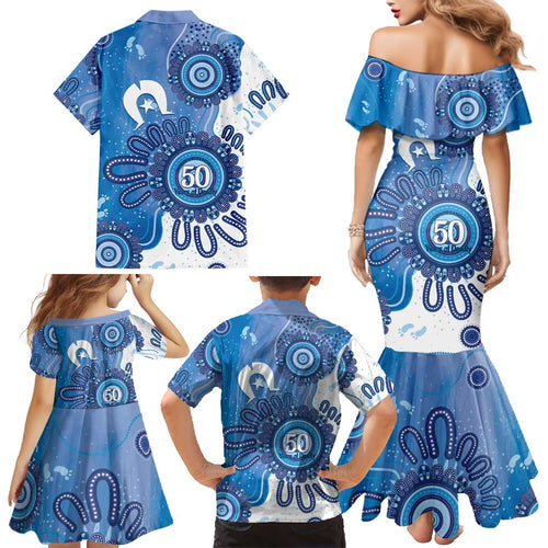 NAIDOC Week 2026 Family Matching Mermaid Dress and Hawaiian Shirt 50 Years Deadly Dhari Blue Aboriginal Art