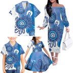 NAIDOC Week 2026 Family Matching Off The Shoulder Long Sleeve Dress and Hawaiian Shirt 50 Years Deadly Dhari Blue Aboriginal Art