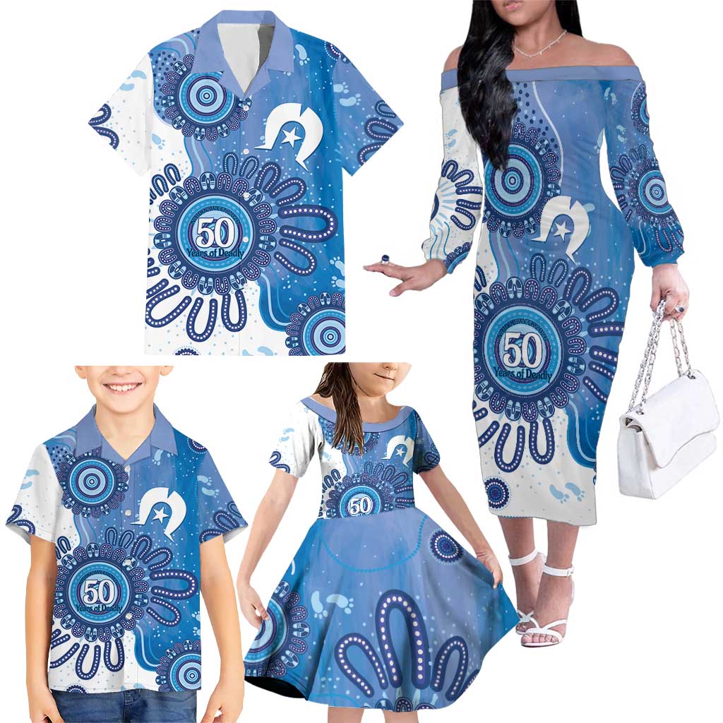 NAIDOC Week 2026 Family Matching Off The Shoulder Long Sleeve Dress and Hawaiian Shirt 50 Years Deadly Dhari Blue Aboriginal Art
