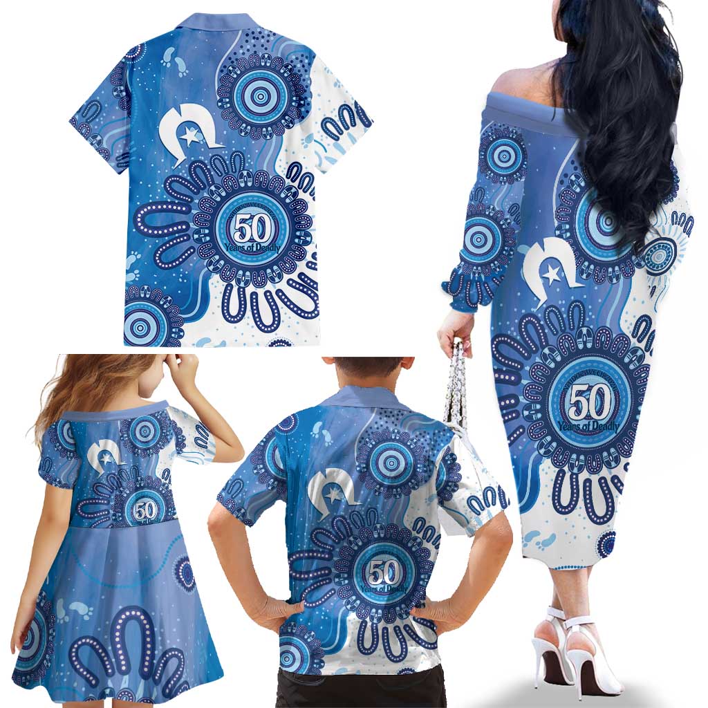 NAIDOC Week 2026 Family Matching Off The Shoulder Long Sleeve Dress and Hawaiian Shirt 50 Years Deadly Dhari Blue Aboriginal Art