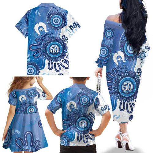 NAIDOC Week 2026 Family Matching Off The Shoulder Long Sleeve Dress and Hawaiian Shirt 50 Years Deadly Dhari Blue Aboriginal Art