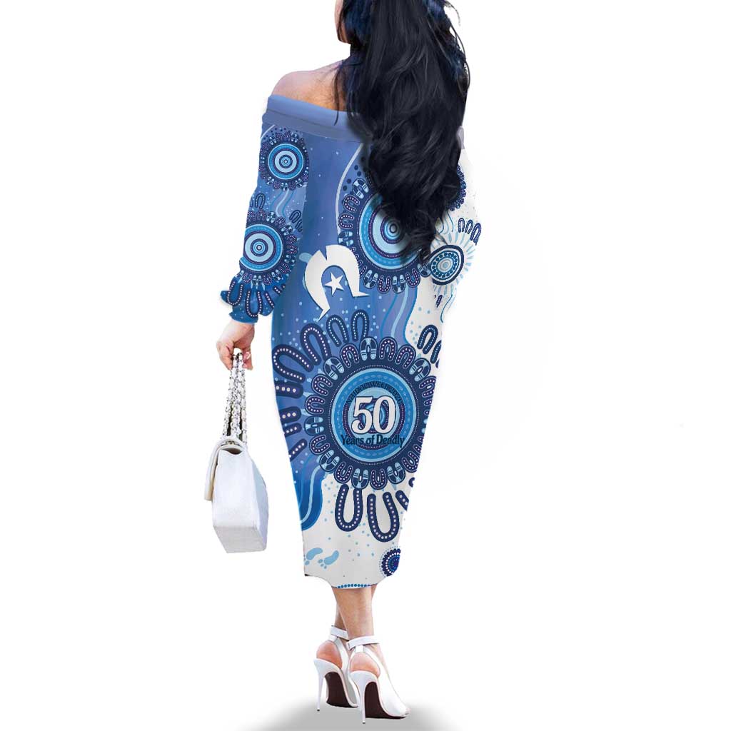 NAIDOC Week 2026 Family Matching Off The Shoulder Long Sleeve Dress and Hawaiian Shirt 50 Years Deadly Dhari Blue Aboriginal Art